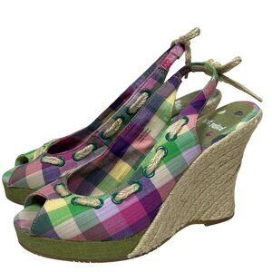 Not Rated Plaid Espadrille Wedge Sandals Peep Toe Slingback Women 8.5